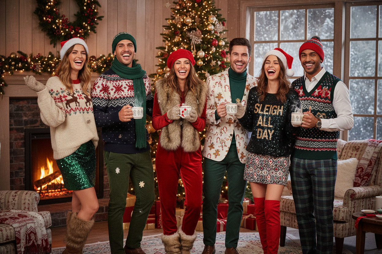 people dressed up Christmas clothes